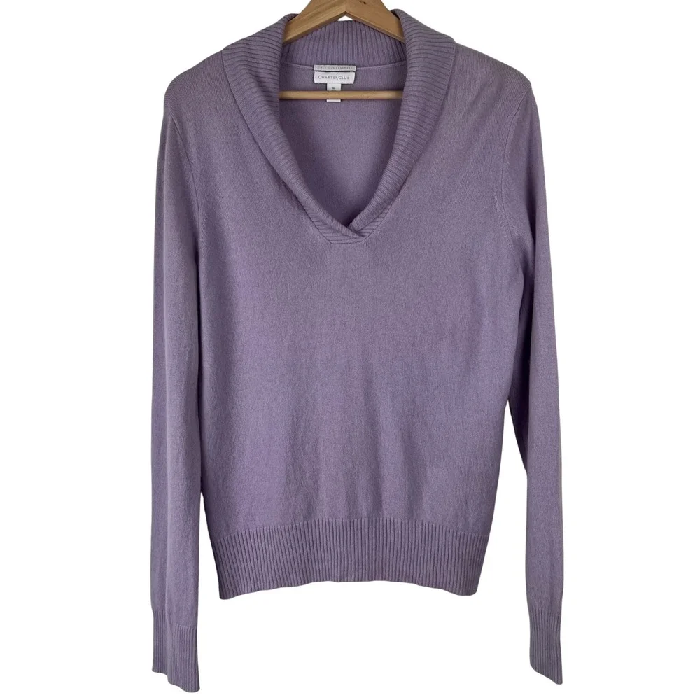 Charter Club Lavender 100% Cashmere Shawl Collar‎ V-Neck Sweater Womens Medium